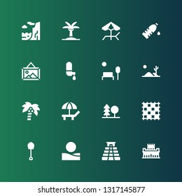 landscape icon set. Collection of 16 filled landscape icons included Alhambra, Pyramid, Desert, Shovel, Ground pad, Forest, Beach, Coconut tree, Park, Water, Landscape, Palm tree