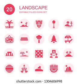 landscape icon set. Collection of 20 filled landscape icons included Palm tree, Desert, Sevilla, Shovel, Hill, Landscape, Water, Tree, Pine, Beach, Stonehenge, Ground pad, Gallery