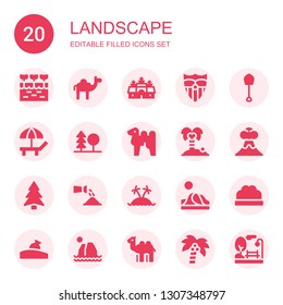 landscape icon set. Collection of 20 filled landscape icons included Farm, Camel, Angkor wat, Sevilla, Shovel, Beach, Forest, Coconut tree, Volcano, Pine, Watering, Island, Dune