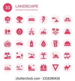 landscape icon set. Collection of 30 filled landscape icons included Tree, Water, Watering, Forest, Thailand, Field, Landscape, Dunes, Oasis, Park, Island, Palm tree, Lawn mower