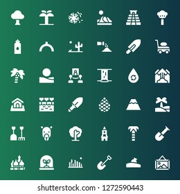 landscape icon set. Collection of 36 filled landscape icons included Landscape, Relics, Shovel, Cityscape, Tree, Kremlin, Palm tree, Clock tower, Camel, Oasis, Volcano, Palm, Farm