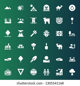 landscape icon set. Collection of 36 filled landscape icons included Tree, Cliff, Forest, Thailand, Water, Landscape, Dunes, Desert, Shovel, Hill, Camel, Stonehenge, Kremlin, Park