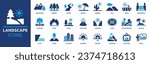 Landscape icon set. Containing mountain, forest, river, beach, desert, field, island, volcano, waterfall, and more. Vector solid symbol collection.