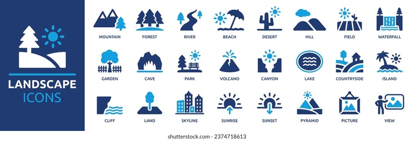 Landscape icon set. Containing mountain, forest, river, beach, desert, field, island, volcano, waterfall, and more. Vector solid symbol collection.