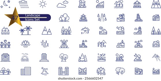 Landscape icon set. Containing mountain, forest, river, beach, desert, field, island, 