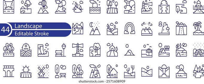 Landscape icon set. Containing mountain, forest, river, beach, desert, field, island, volcano, waterfall, and more.