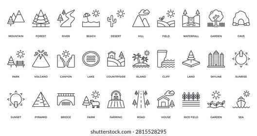 Landscape Icon Set. Containing Mountain, Forest, River, Beach, Desert, Hill, Sea, Waterfall Icon. Simple Black Outline Vector 