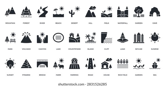 Landscape Icon Set. Containing Mountain, Forest, River, Beach, Desert, Hill, Sea, Waterfall Icon. Simple Glyph Vector 