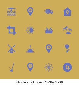 landscape icon set with crop, beach location and palm trees vector illustration