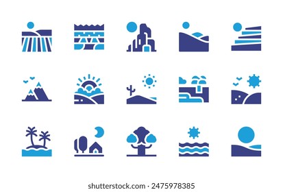 Landscape icon set. Duotone color. Vector illustration. Containing sunrise, valley, field, desert, tent, terraces, dunes, tree, ocean, beach, mountain.