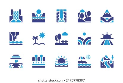 Landscape icon set. Duotone color. Vector illustration. Containing positiveattitude, landscape, valley, goctacataracts, field, park, hill, sunset, beach, forest.