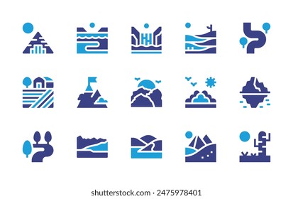 Landscape icon set. Duotone color. Vector illustration. Containing nationalpark, river, coastline, goal, iceberg, desert, dunes, waterfalls, sunset, nature, pyramids.