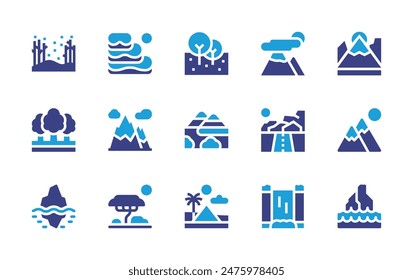 Landscape icon set. Duotone color. Vector illustration. Containing mountain, trees, riceterraces, iceberg, alps, forest, savannah, mountains, waterfall, desert.