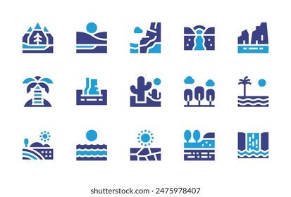 Landscape icon set. Duotone color. Vector illustration. Containing mountain, desert, geological, halongbay, sea, beach, field, river, waterfall, island, forest.