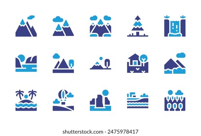 Conjunto de iconos de paisaje. Color duotono. Ilustración vectorial. Contiene paisajemode, montañas, montaña, megalito, pino, cascada, globo aerostático, tropical, país.