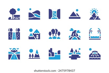 Landscape icon set. Duotone color. Vector illustration. Containing landscape, mountain, waterfall, dune, arctic, forest, lake, volcano, pyramid, ocean, mountains.