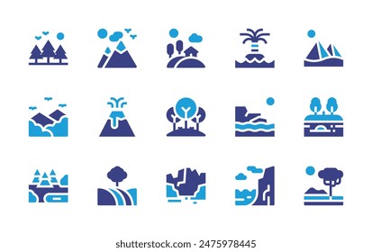 Landscape icon set. Duotone color. Vector illustration. Containing hill, forest, mountain, mountains, volcano, nationalpark, iceberg, cliff, pyramids, trees, island, field.