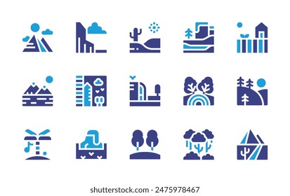Landscape icon set. Duotone color. Vector illustration. Containing field, waterfall, desert, background, hills, pyramid, forest, cliff, farm, volcano, winter, disaster.