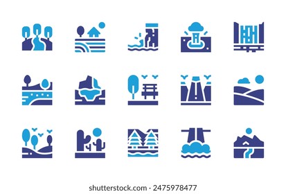 Landscape icon set. Duotone color. Vector illustration. Containing desert, forest, hills, lake, field, iceberg, waterfall, cliff, mountain, bogs, park, geyser.