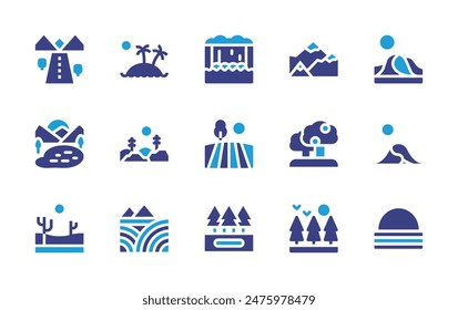 Conjunto de iconos de paisaje. Color duotono. Ilustración vectorial. Conteniendo granja, isla, bosque, duna, atardecer, desierto, madriguera, cataratas del niagara, campo, montaña, árboles.