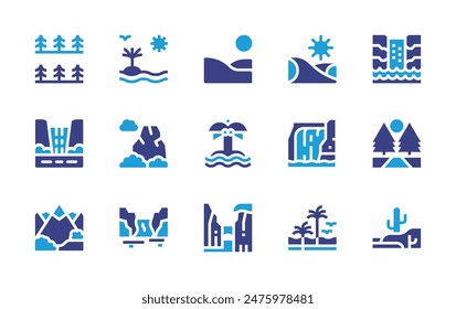 Landscape icon set. Duotone color. Vector illustration. Containing cliff, island, desert, mountain, waterfall, beach, pine, glacier, forest.