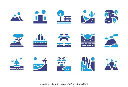 Landscape icon set. Duotone color. Vector illustration. Containing beach, mountain, lake, mountararat, desert, mountains, sea, savannah, iceberg, water, park, rock.