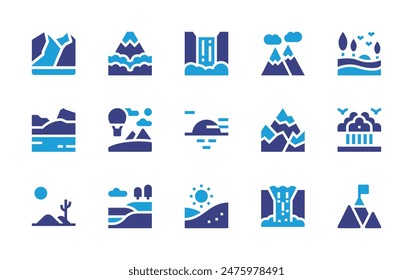 Landscape icon set. Duotone color. Vector illustration. Containing achievement, nature, landscape, sky, mountain, mountains, waterfall, sunrise, dunes.