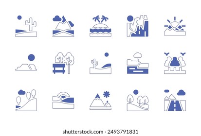 Landscape icon set. Duotone style line stroke and bold. Vector illustration. Containing landscape, desert, hill, bench, forest, cliffs, island, lake, grassland, mountain.