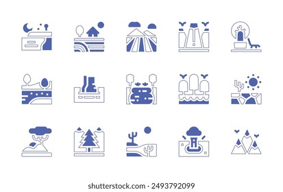 Conjunto de iconos de paisaje. Trazo de línea de estilo duotono y negrita. Ilustración vectorial. Con paisaje, lago, campo, granja, sabana, desierto, bosque, montaña, mar, playa, géiser.