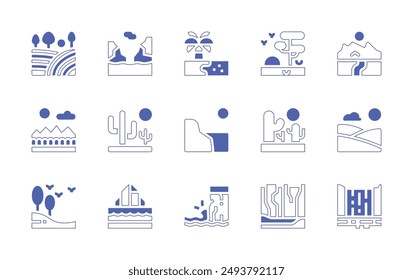 Landscape icon set. Duotone style line stroke and bold. Vector illustration. Containing desert, forest, hills, mountain, iceberg, cliff, waterfall, mountkenya, beach, fjord, savannah, snowy.