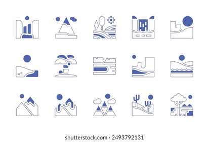 Landscape icon set. Duotone style line stroke and bold. Vector illustration. Containing field, landscape, mountains, mountain, waterfall, island, cadiz, defile, desert, lake.
