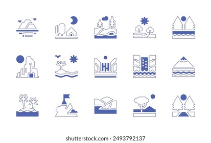 Landscape icon set. Duotone style line stroke and bold. Vector illustration. Containing goal, tent, plantation, field, island, waterfalls, waterfall, dunes, forest, mountain, savannah.