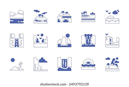 Conjunto de iconos de paisaje. Trazo de línea de estilo duotono y negrita. Ilustración vectorial. Conteniendo desierto, paisaje, teide, bennevis, acantilado, megalito, puesta de sol, cascada, montaña, nilo.