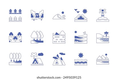 Landscape icon set. Duotone style line stroke and bold. Vector illustration. Containing landscape, trees, campingtent, dune, mountain, ocean, dunes, island, nature, oasis, pyramid, glacier.