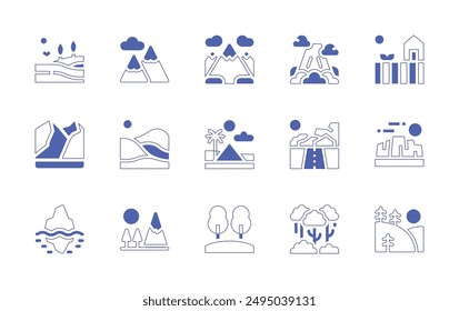 Landscape icon set. Duotone style line stroke and bold. Vector illustration. Containing landscapemode, landscape, dune, field, mountain, hills, forest, farm, desert, uluru.