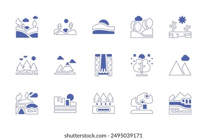 Conjunto de iconos de paisaje. Trazo de línea de estilo duotono y negrita. Ilustración vectorial. Conteniendo paisaje, árbol, bosque, montañas, goctacataracts, desierto, colina, madriguera, árboles.