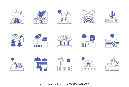Landscape icon set. Duotone style line stroke and bold. Vector illustration. Containing volcano, river, beach, fields, desert, trees, country, mountains, disaster, park.