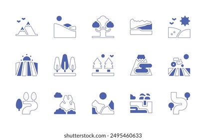Conjunto de iconos de paisaje. Trazo de línea de estilo duotono y negrita. Ilustración vectorial. Conteniendo río, árboles, campo, parque nacional, montañas, valle, bosque, fuji, montaña, dunas, árbol, playa.