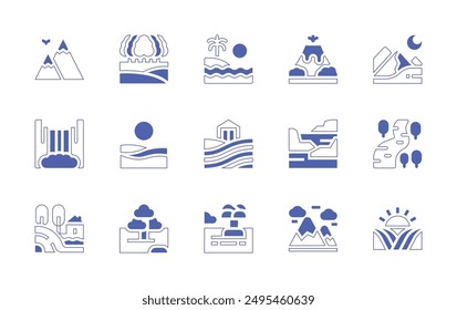 Landscape icon set. Duotone style line stroke and bold. Vector illustration. Containing river, desert, niagarafalls, mountains, dunes, volcano, beach, pamukkale, agriculture, forest.