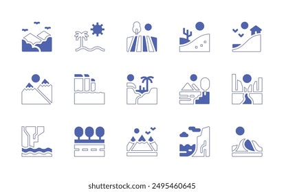 Landscape icon set. Duotone style line stroke and bold. Vector illustration. Containing road, hill, mohercliffs, dune, cliff, palmtree, mountains, field, lake, beach, desert.