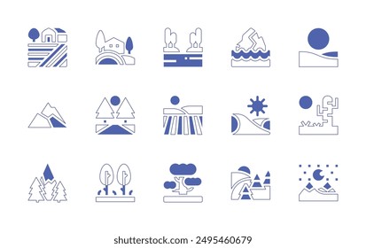 Landscape icon set. Duotone style line stroke and bold. Vector illustration. Containing tuscany, landscape, road, field, desert, savannah, forest, trees, iceberg.