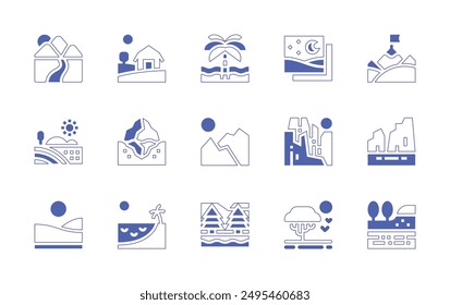 Landscape icon set. Duotone style line stroke and bold. Vector illustration. Containing valley, landscape, farm, iceberg, beach, savannah, mountain, image, bogs, field, rock.