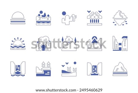 Landscape icon set. Duotone style line stroke and bold. Vector illustration. Containing nature, landscape, house, waterfall, cliff, montain, mountain, kenya, cave, iceberg, desert.