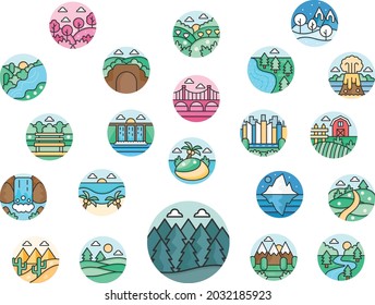 Landscape icon set in Filled outline style