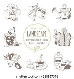 Landscape icon set with floral and gardening illustrations for web design. Detailed vector home plants icons kit for landscape design.