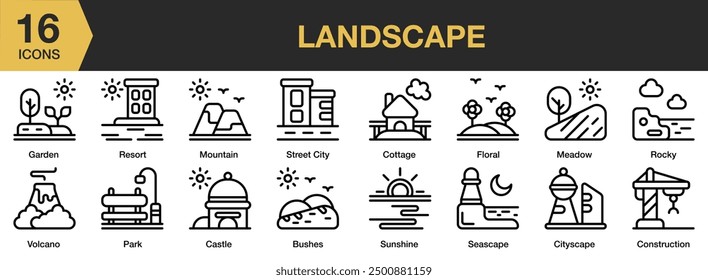 Landscape icon set. Includes bushes, cityscape, meadow, mountain, resort, and More. Outline icons vector collection.