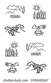 Landscape Icon. Set Of Outdoor Activity Isolated On White Background. Sign Of Nature Background. Logo For Travelling, Holiday, Journey. Hand Drawn Vector. Doodle For Sticker, Clipart, Sign. 