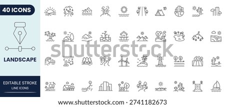 Landscape icon set in outline style. Modern icon collection. Editable stroke Vector Illustration.