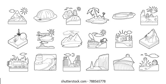 Landscape icon set. Outline set of landscape vector icons for web design isolated on white background