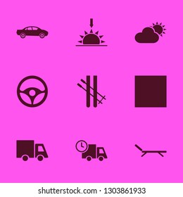 landscape icon set with skiing, steering wheel and sunset vector illustration